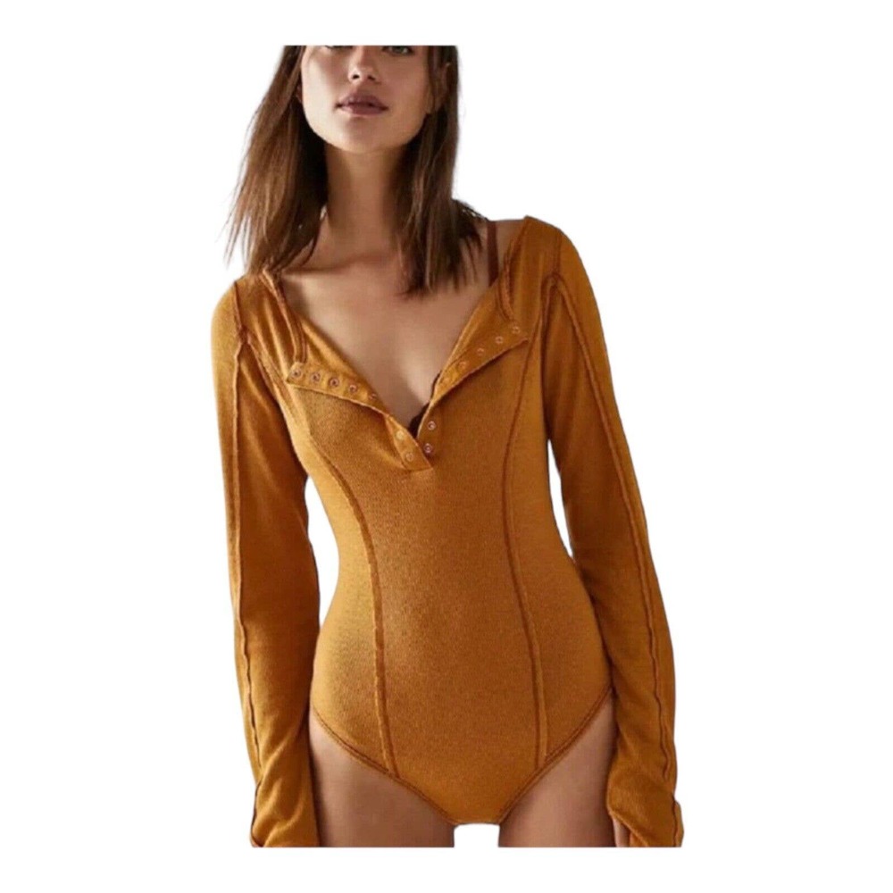 Free People Sloane Bodysuit Thermal Dark Yellow XS New - Picture 7 of 13